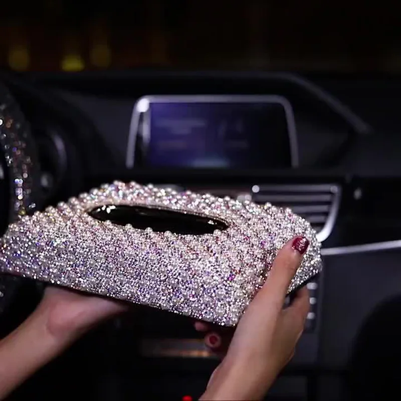 Luxury Car Tissue Box Pearls Diamond Seat Type Tissue Holder Sparkling Napkin Holder Bling Paper Cover Case  거실 수납장  블랙박스 6