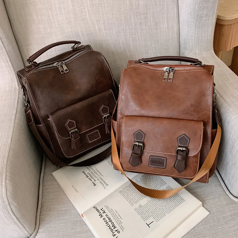 WR 2022 Trendy Women's Backpack Vintage Pu Leather Daypack Brown Mochilas Para Mujer Casual Travel Bag Retro Student School Bag