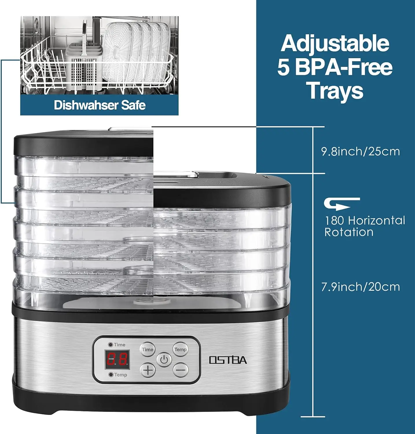 Food Dehydrator Machine Adjustable Temperature 72H Timer 5-Tray Dehydrators for Food and Jerky Fruit Dog Treats Herbs Snacks