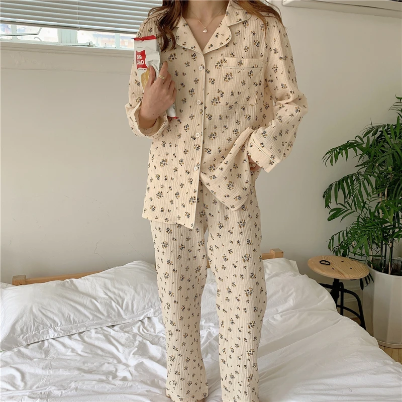 Floral Print Autumn Pajamas Set Women Single Breasted Shirts + Trousers Set Cotton Two Piece Home Suit Vintage Pockets Sleepwear