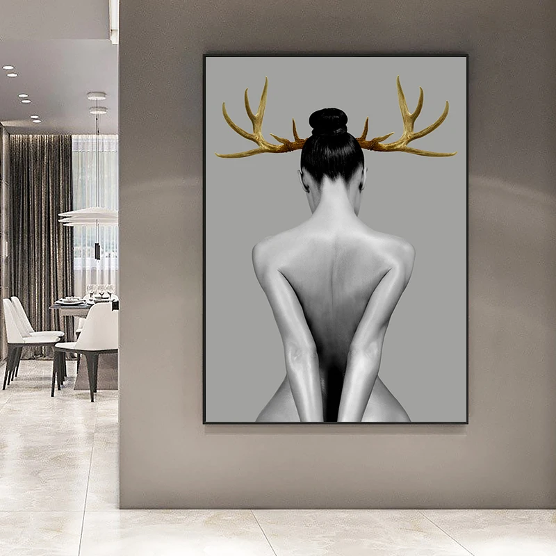 

Modern Golden Antlers Nude Girl Canvas Painting Female Nude Art Poster and Prints Wall Pictures for Home Living Room Decoration