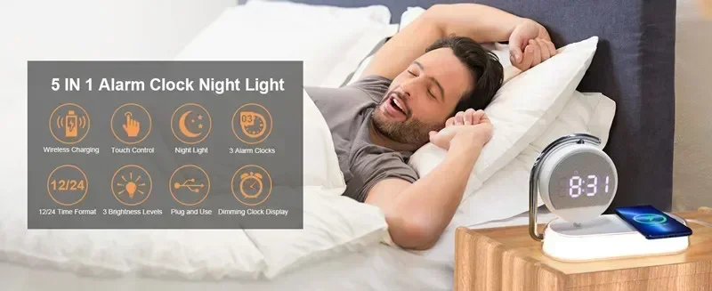 Description Picture 5 of itemLED Night Light 3 Lights 360° Rotate Clock Alarm Clock Desktop Mobile Phone Wireless Charger for Bedroom Smart Phones Room Decor