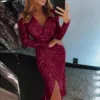 Sexy Deep V Neck Sequins Dress Women Hip Wrap Ruched Long Sleeve Formal Dresses Nightclub Sexy Elegant Wedding Evening Gowns 1