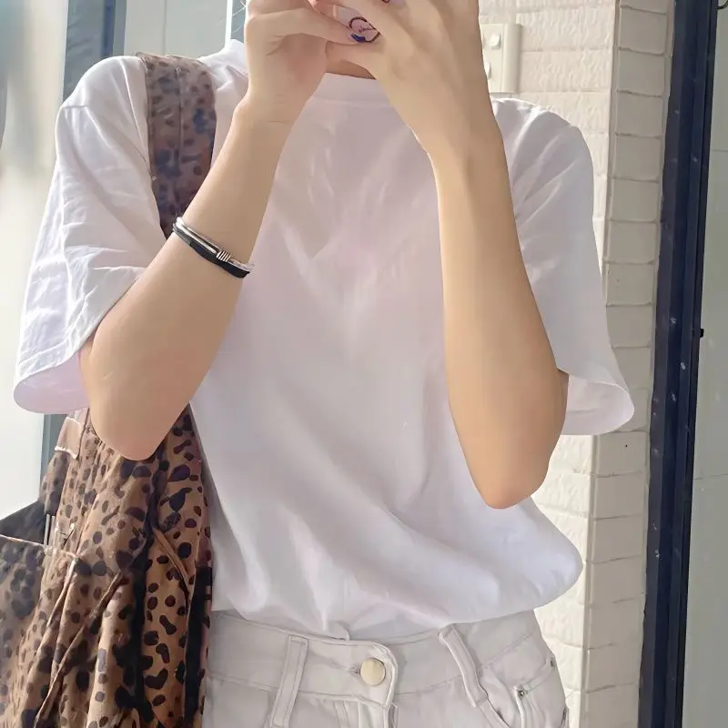 

Summer New Solid Color Korean Version Pure Cotton Round Neck Short Sleeved White T-shirt Women Loose and Slimming Versatile Top