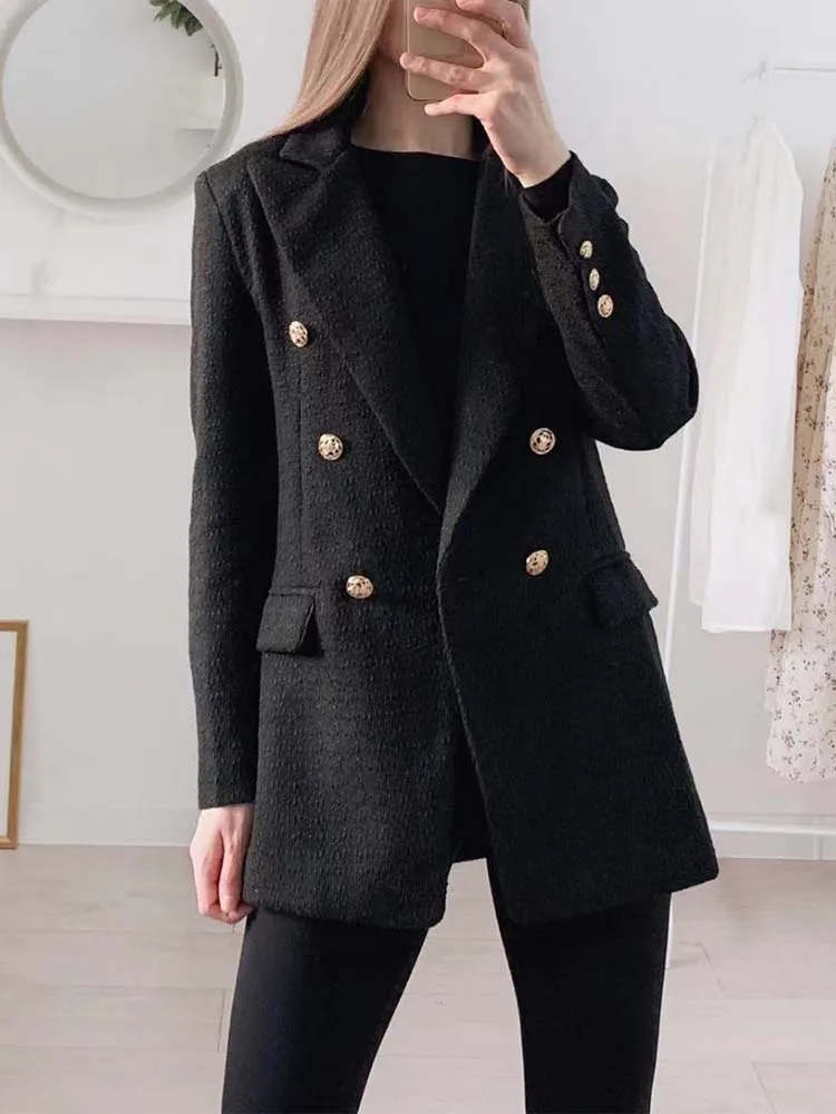 

Women Fashion Traf Fashion Metal Double Breasted Woollen Blazers Coat Vintage Long Sleeve Female Outerwear Chic Tops