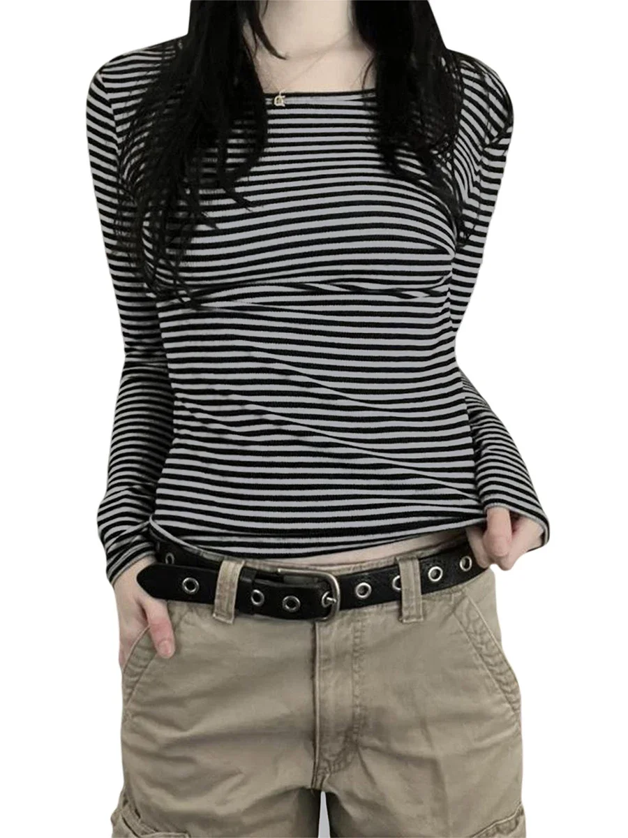 Long Sleeve Shirts for Women Fashion Casual Basic Crew Neck Striped Slim Fit T-shirt Going Out Blouses Y2K Vintage Tight Shirts 1