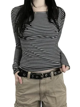 Long Sleeve Shirts for Women Fashion Casual Basic Crew Neck Striped Slim Fit T-shirt Going Out Blouses Y2K Vintage Tight Shirts 1