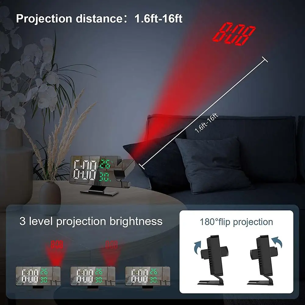 LED 디지털 알람 시계 프로젝션 온도 시계, 전자 책상 시계, 충전 침대 옆 침실 장식, 미국 W6x1