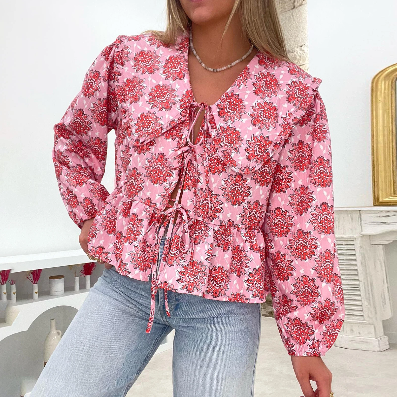 Babyhug 100% Cotton Knit Full Sleeves Top with Floral Print & Frill Detailing - Pink