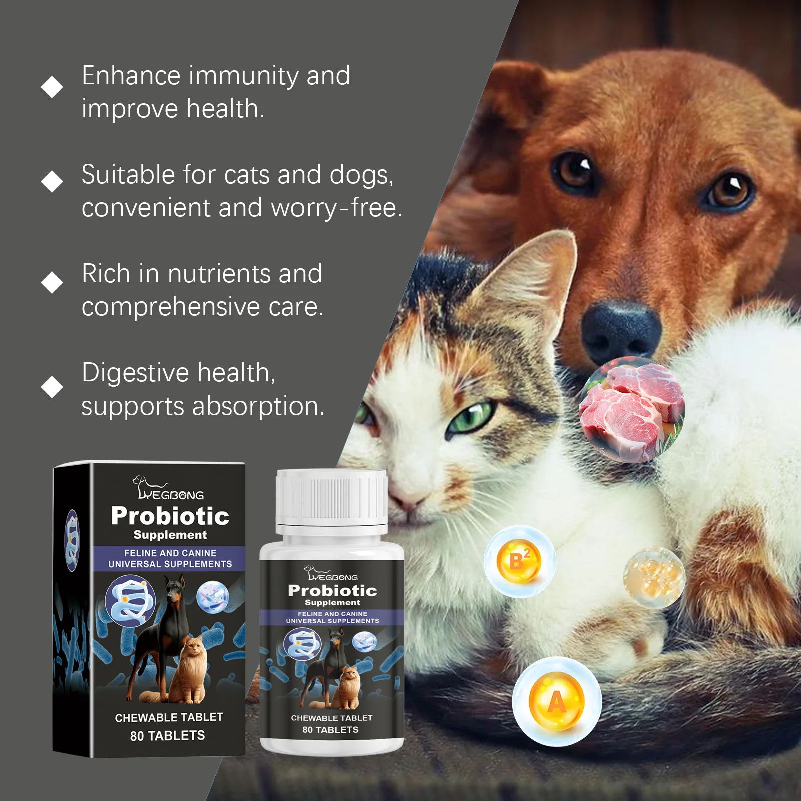 80 Tablets-Universal Probiotics for Dogs and Cats Nutritional Supplement for Enhanced Nutrient Absorption in Pets