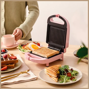 Portable Electric Sandwich Maker Home Multifunctional Machine Non-Stick Breakfast Maker Waffle Baking Pan Pot Pink Red Color 1