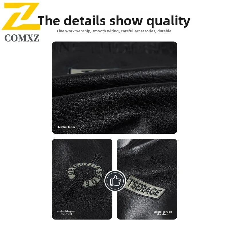 COMXZ Men Bomber Stand Collar Jacket Spring Autumn Retro Leather Loose Fit Korean Style Workwear Waterproof Motorcycle Outerwear