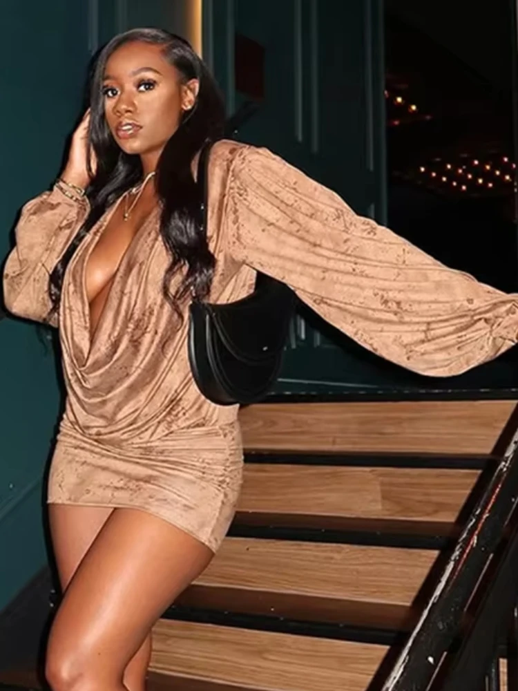 Nibber Swing Collar Mini Dresses Woman Vintage Print Halter Lantern Sleeve Skinny Peach Hip Hottie Street Sexy Fashion Bodycom