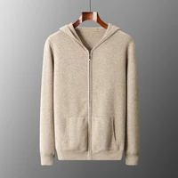 DjzDsm Men's hooded Top With Zipper And Pocket Comfortable Knit Sweater 100% Merino Wool Sweater Wool Sweater Autumn and Winter 1
