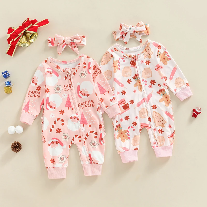 

Baby Girls Christmas Jumpsuit Set, Long Sleeve Crew Neck Gingerbread Man/Santa Claus Print Zipped Romper with Bowknot Headband