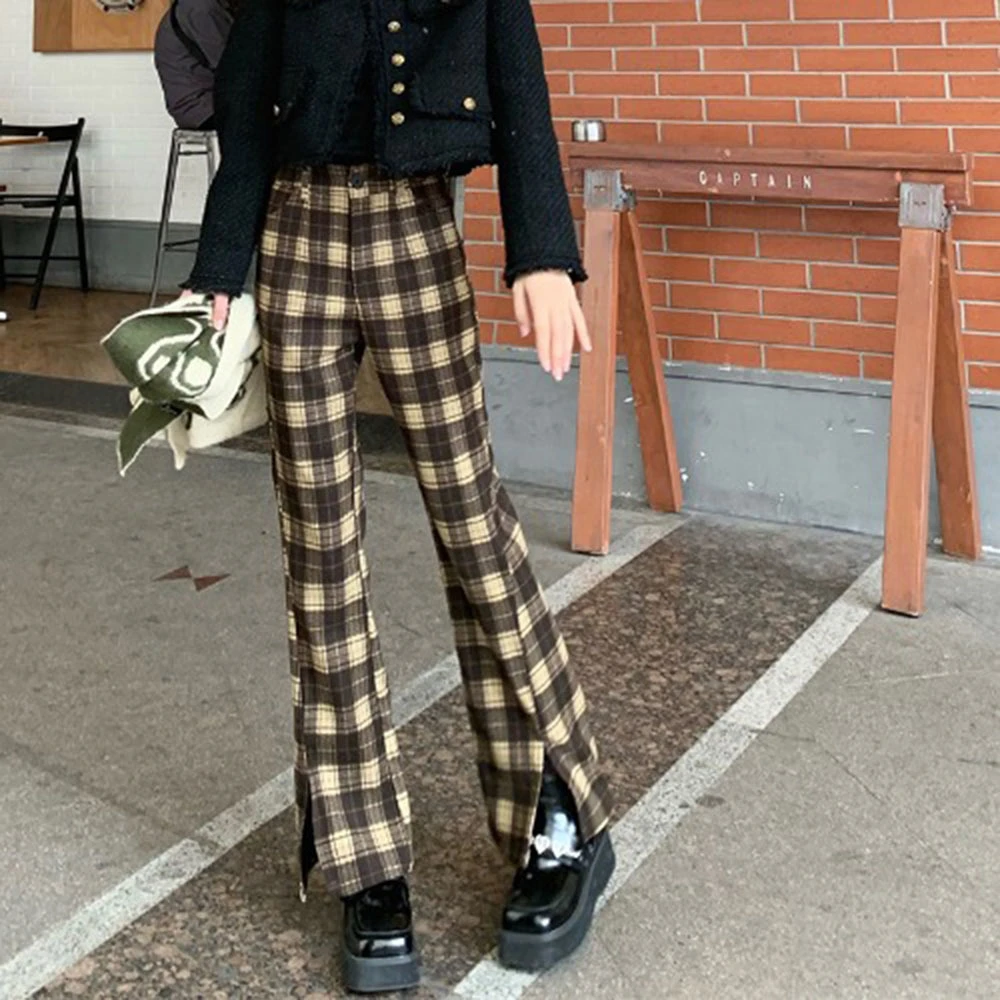 slacks Spring Vintage Pants Women High Waist Plaid Pattern Printed Button Flare Pants Summer 2022 New Fashion cargo pants for women