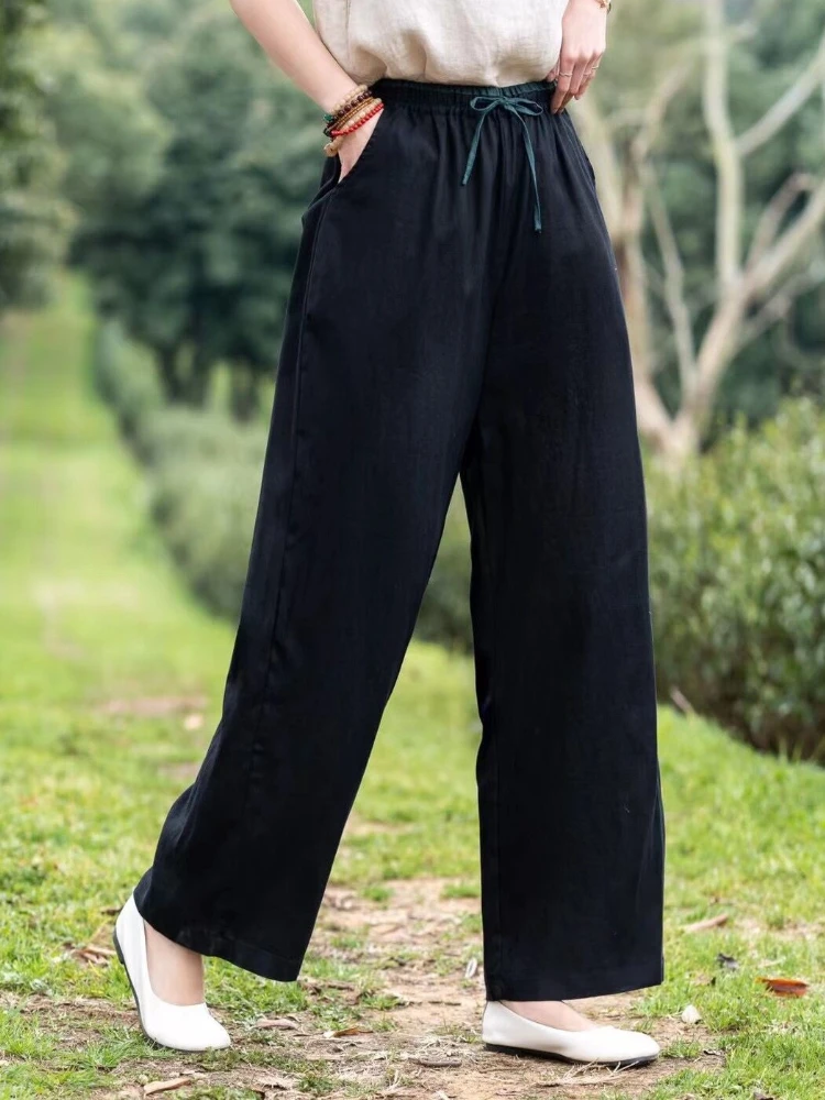 

Retro Linen Wide Leg Pants Women 2023 Summer Loose Breathable High Waist Casual Trousers Women's Simple Solid Color Pants