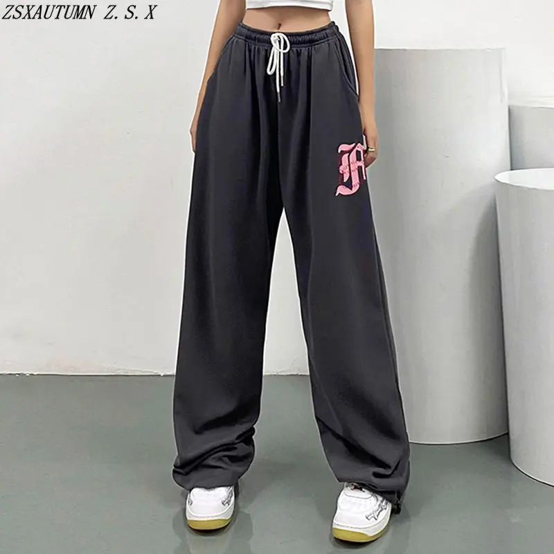 

Korean Summer Trend New Print Casual Sports Pants Women High Waist Wide Leg Trousers Female Hippie Fashion Baggy Slacks Pantalon