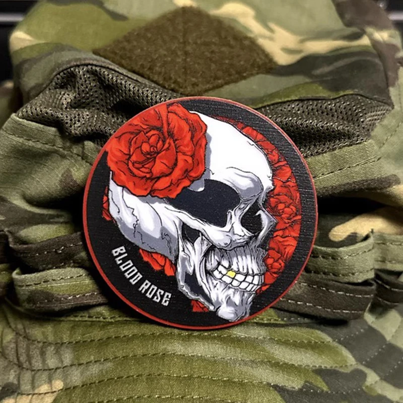 

Death Blood Red Rose Skull Luminous Patches Round Tactical Armband For Clothes Backpack Vest Decor