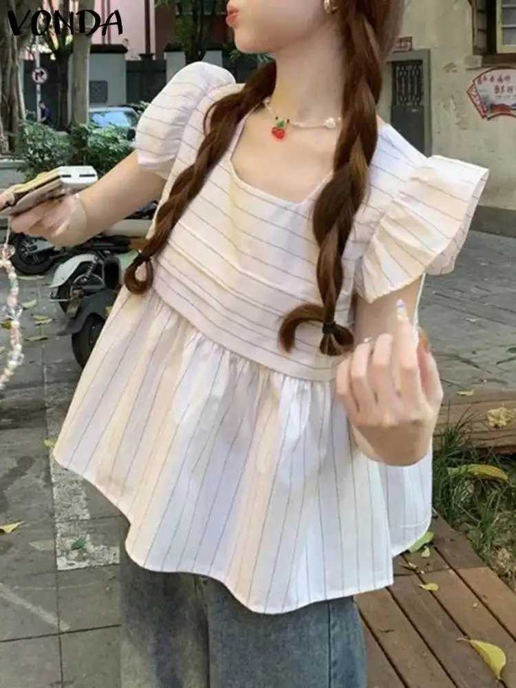

VONDA 2024 Summer Party Streetwear Casual Tops Fashion Women Ruffles Tops Sleeveless Blouses Tunic Pleated Hem Oversized Blusas