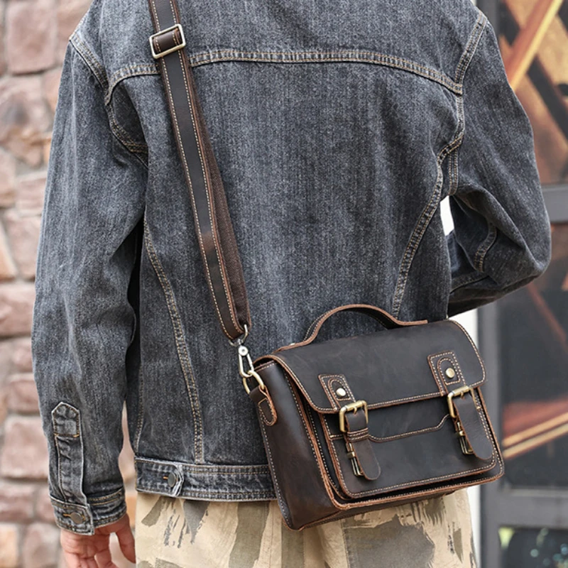 Retro Luxury Genuine Leather Crossbody Bag Crazy Horse Skin Casual Shoulder Bag for Men and Women Universal Postman Bag