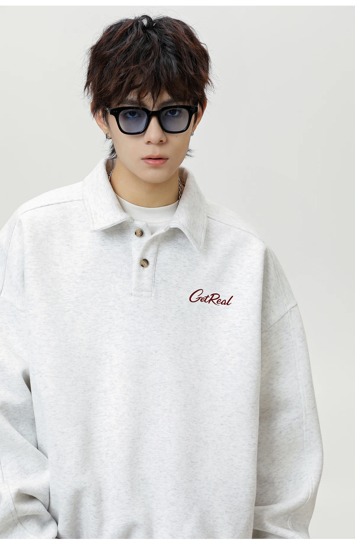 HANGLU 2025 Men's Oversized Collar Sweatshirt Vintage Button Placket Long Sleeve Polo Pullover Loose Fit Streetwear Top