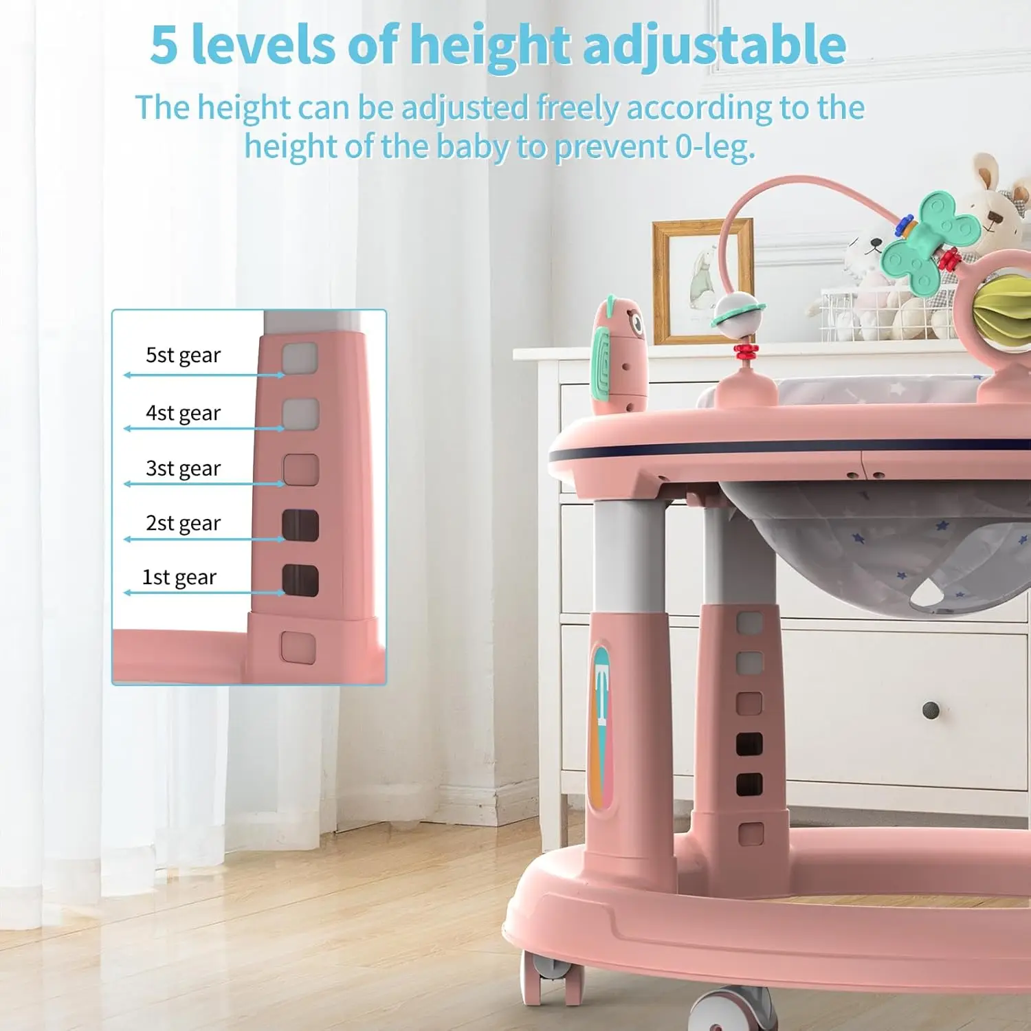 Baby Walker with 5 Adjustable Heights Baby Activity Center Features 360° Swivel Seat Music Detachable Toys Bounce Foot Pad 3