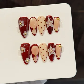 10pcs Handmade Wine Red French Press On Nails With White Polka Dot Designs Almond Shape Vintage Fake Nails 3d White Flower Decor 1