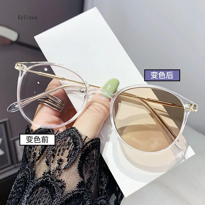 Women Trendy Photochromic Myopia Glasses Anti Blue Light Short Sighted Eyewear Finished Round Sunglasses Goggle Diopter 0~-4.0 5
