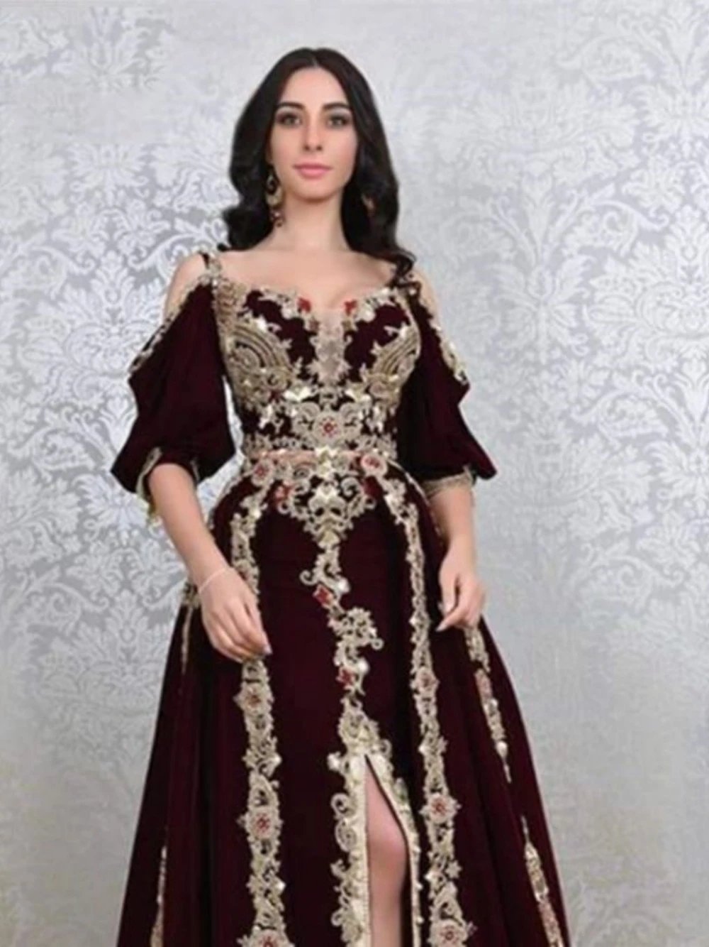 Burgunder Schatz Hals Abendkleid Berühmtheit Dubai Abaya Arabisch Kaftan Applikationen A-Linie boden langes Kleid Robe de Mariée