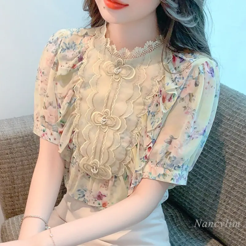 

European Fashion Stand Collar Floral Chiffon Shirt for Women Short Sleeve Print Blouse 2023 Summer Embroidery Ruffled Top