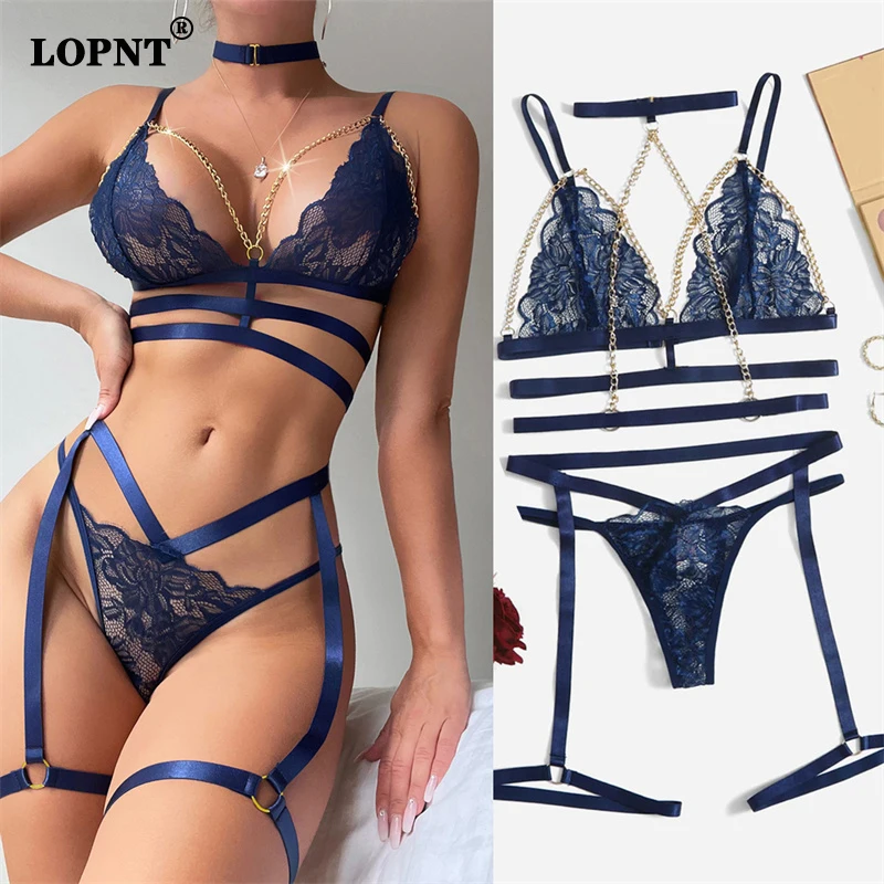 

Lopnt Chain Sensual Lingerie Sexy Lace Bra Set Hollow Out Bandage Lingerie Erotic Set Woman 3 Pieces Fancy Luxury Underwear Set