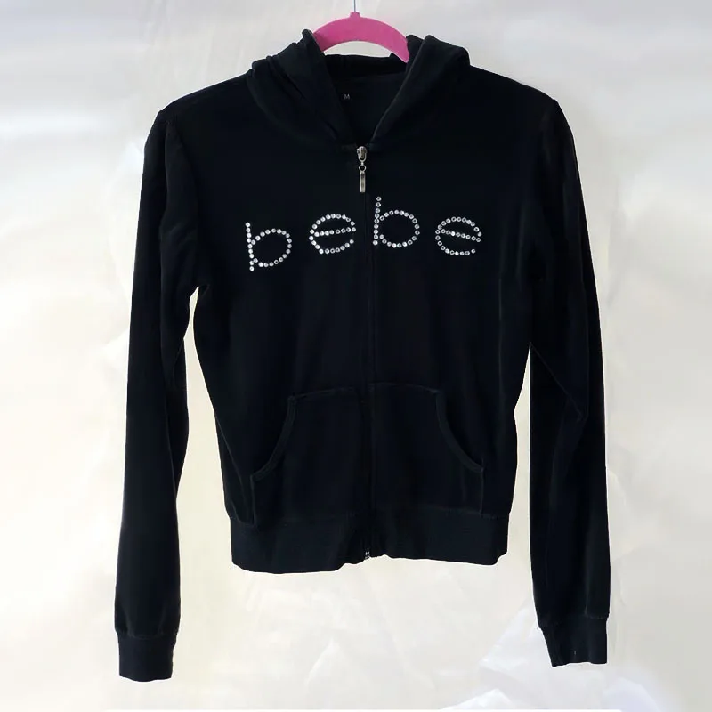 Y2K Rhinestone Letter Zip Up Hoodies Women Autumn Goth Zip Long Sleeve Short Jacket Coats Harajuku Hip Hop Hooded Sweatshirt Top