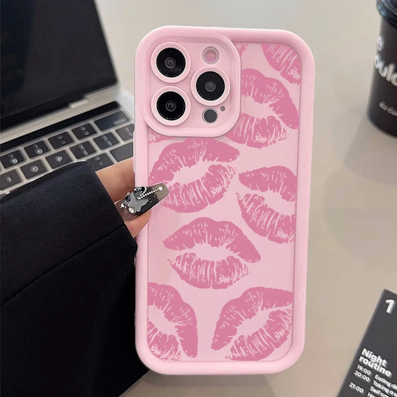 Chic Pink Lip Print Silicone Phone Case - Stylish Shockproof Candy Cover