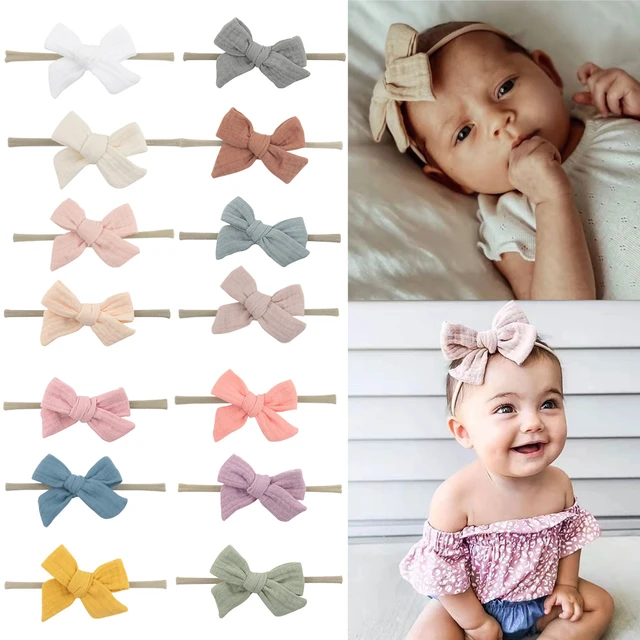 Muslin Cotton Baby Bow Headband Infant Boy Girl Elastic Nylon Hair Bands  None-Wave Solid Head