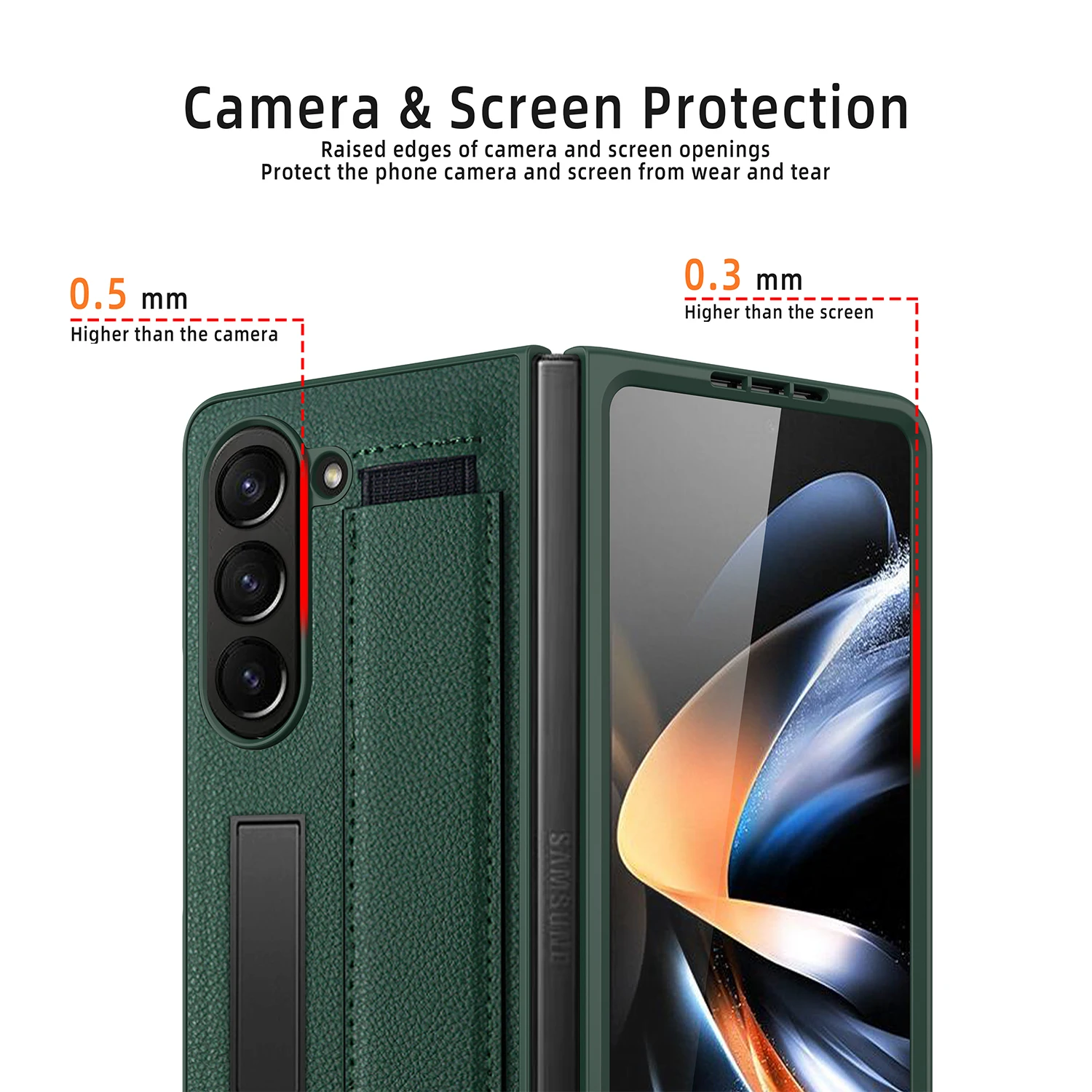 For Samsung Galaxy Z Fold 5 Case With Shell Film Wrist Strap Bracket Lychee Pattern Leather Folding Shockproof Cover Accessories