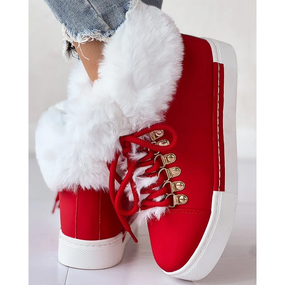 Christmas Winter Women'S Colorblock Fuzzy Lined Lace-up Ankle Boots Casual Round Toe Flat Snow Boots Daily Korean Style New Year