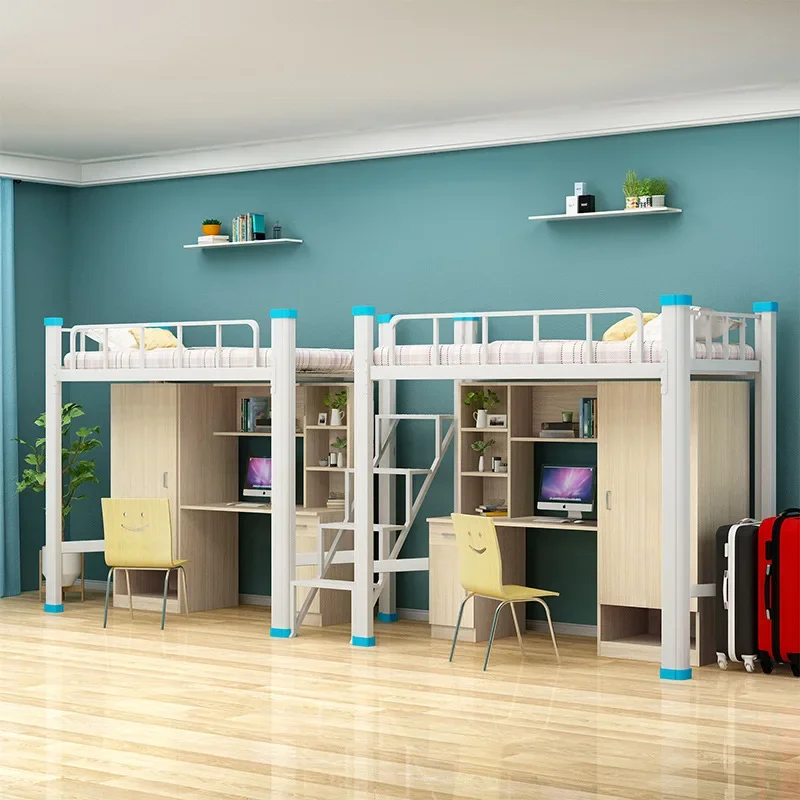Staff Dormitory Combination Bookcase Bed College Apartment Bed Upper and Lower Bunk High and Low Double-layer Iron Frame New