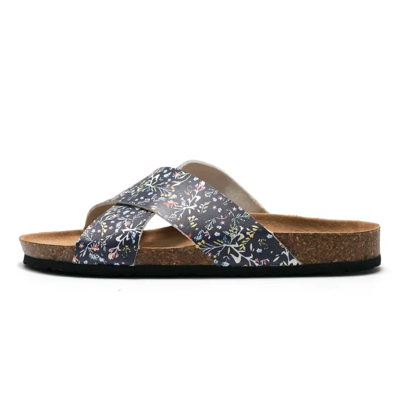 2023 New Product Summer Women's Cork Slippers Cross Strap Student Beach Shoes Sandals Cross border Flower Fragmentation