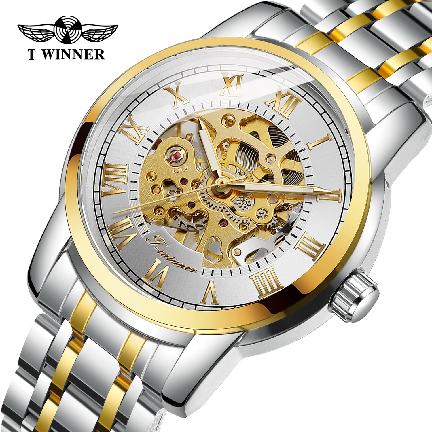 2024 WINNER Roman scale Skeleton Mechanical Wristwatch Retro Luminous Hands Luxury Brand Gold Cool Men Watches Stainless Steel