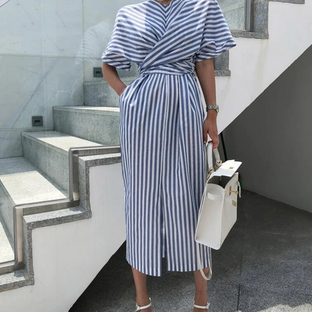 

2023 Sprig and Summer New Fashion Striped Cross Bandage Dress Cotton Blue Split Bodycon Plus Size New Robe Vestidos Femme Dress