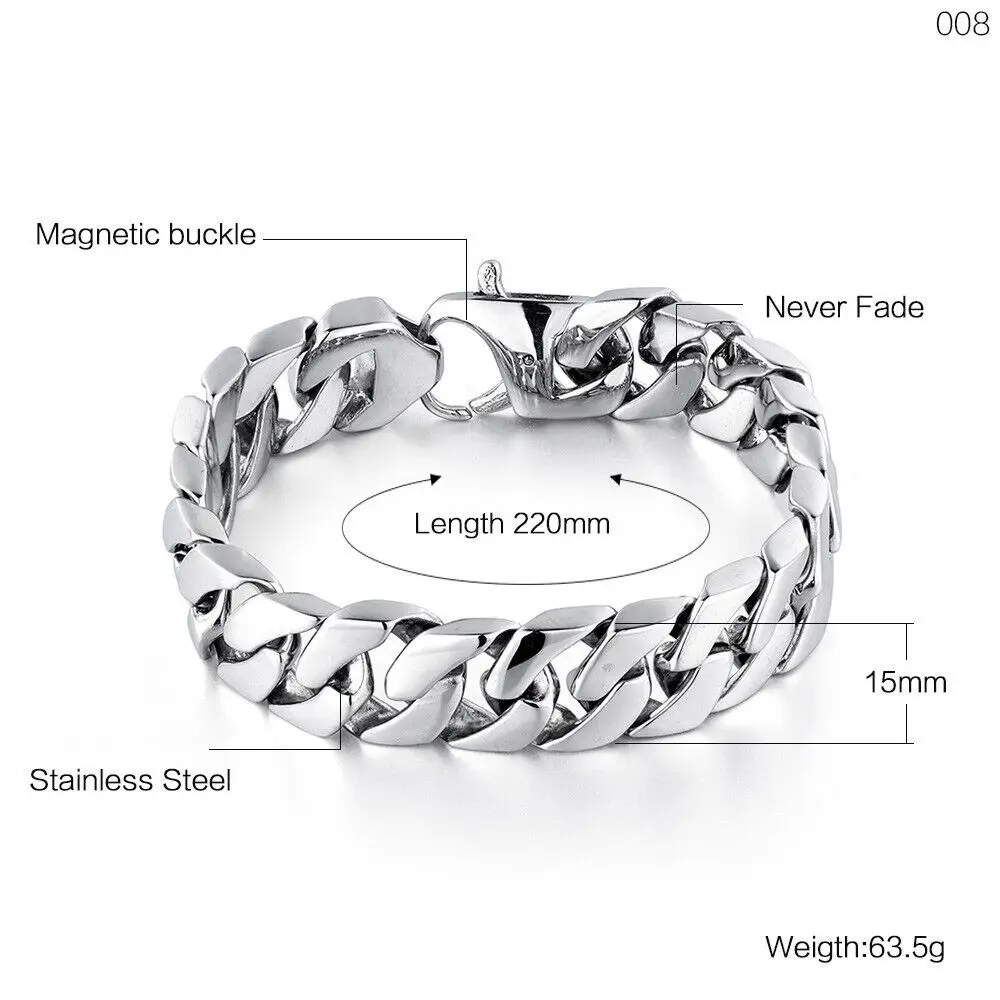 Trendy Fashion Jewelry Mens 15mm Titanium Stainless Steel Gold Plated Hiphop Style Bracelet Chain Accessories