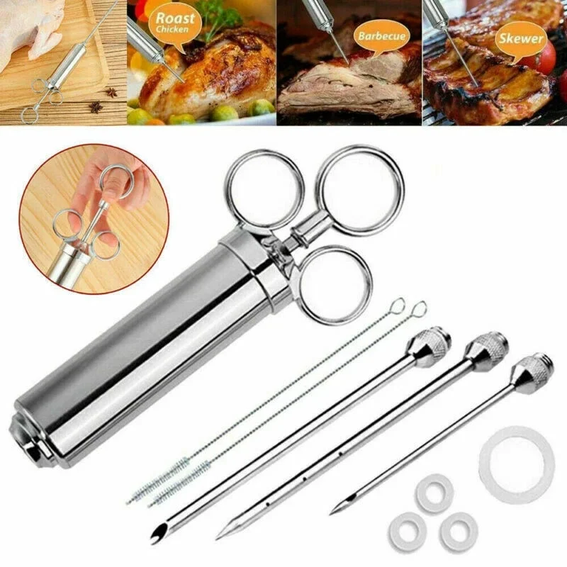 Stainless Steel Meat Injector Syringe Kit Grill Turkey BBQ Seasoning Sauce Flavor Durable Needle Cooking Syringe Kitchen Tools
