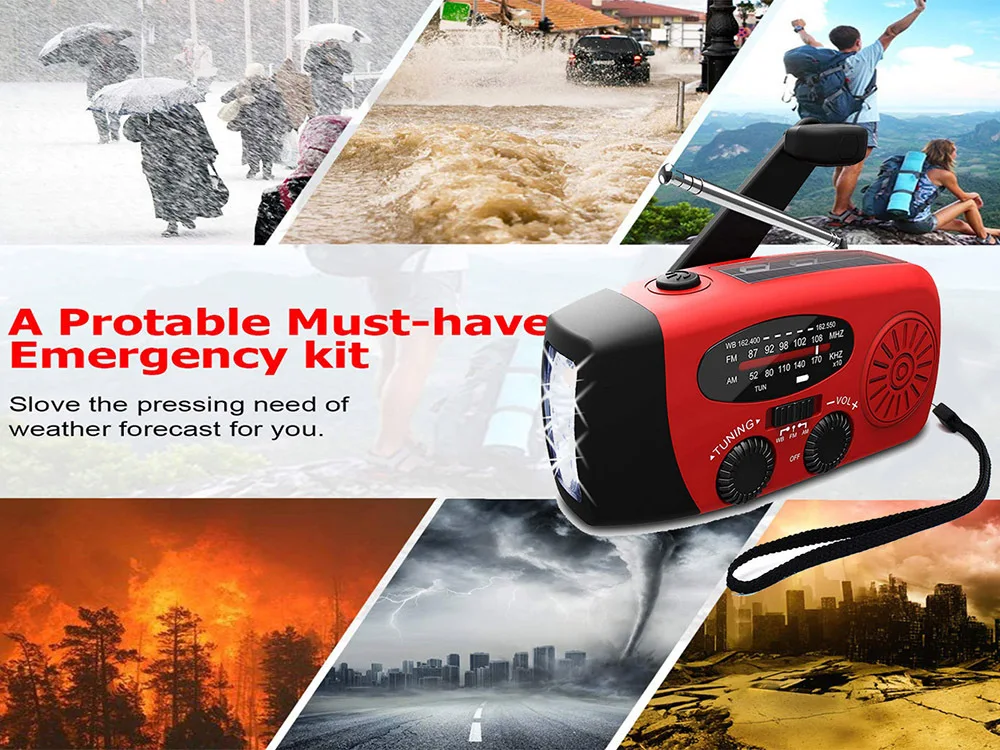 Solar Emergency Radio AM / FM / NOAA Receiver 1200mAh Hand Crank Power Generation Power Bank Portable Flashlight Weather Radio