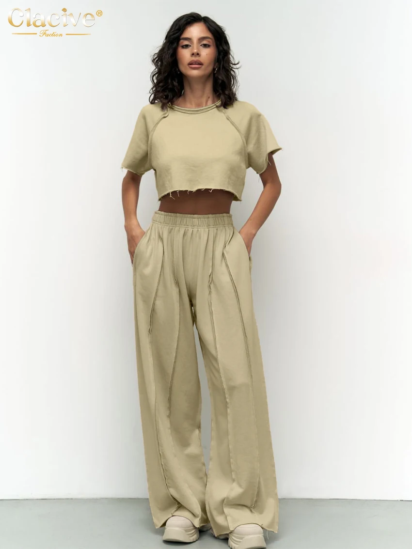 

Женский комплект из двух предметов Clacive, модный свободный костюм цвета хаки из укороченного топа с коротким рукавом и широких брюк с высокой талией для лета