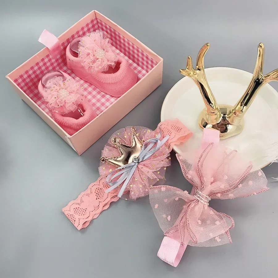 3Pcs/Set Lace Flower Baby Girls Headband Socks Set Crown Bows Newborn Hairband Headbands For Girls Turban Hair Accessories Gifts hair accessories hair headband accessories baby headband set headband sock set
