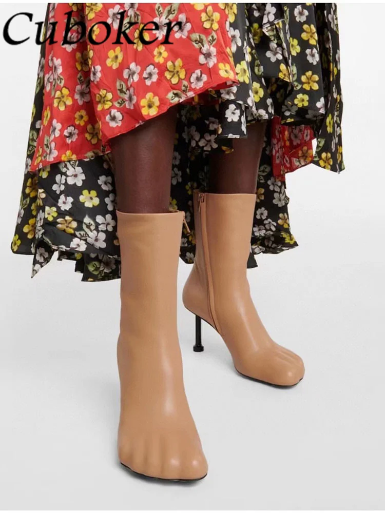 

Женские ботильоны из натуральной кожи, модельные полусапожки с пятью пальцами, на необычном каблуке, на молнии, обувь для шоу