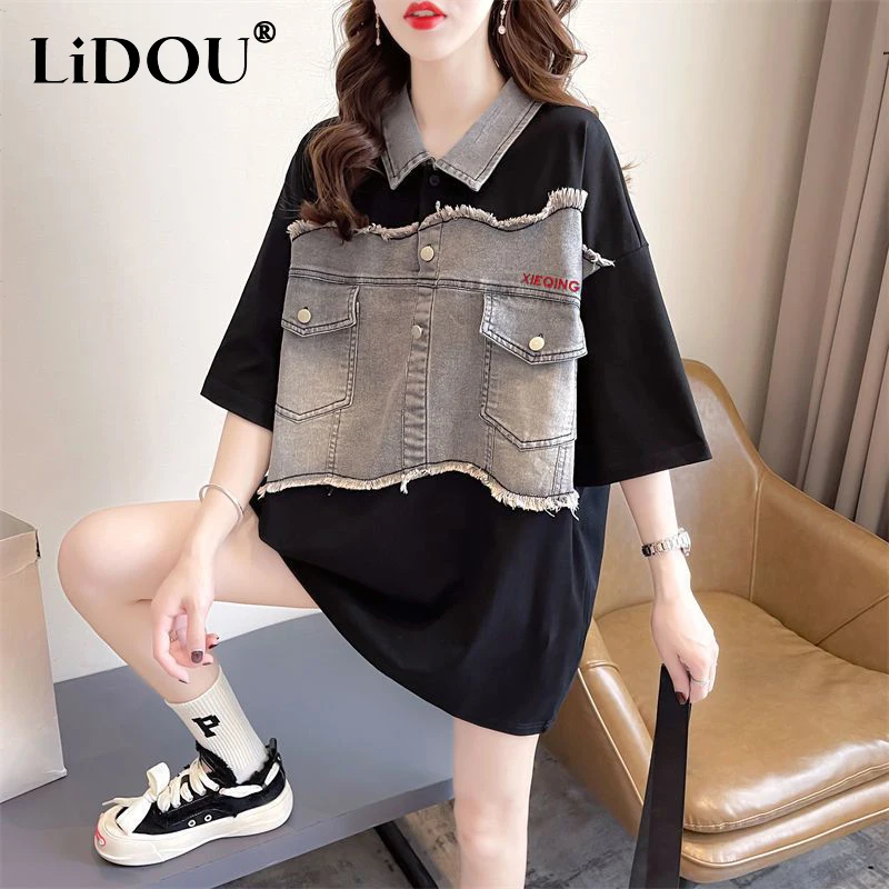 

2023 Summer Oversized Denim Patchwork Loose T-shirt Female Short Sleeve Casual Fashion All-match Top Women Lape Pullover Tees