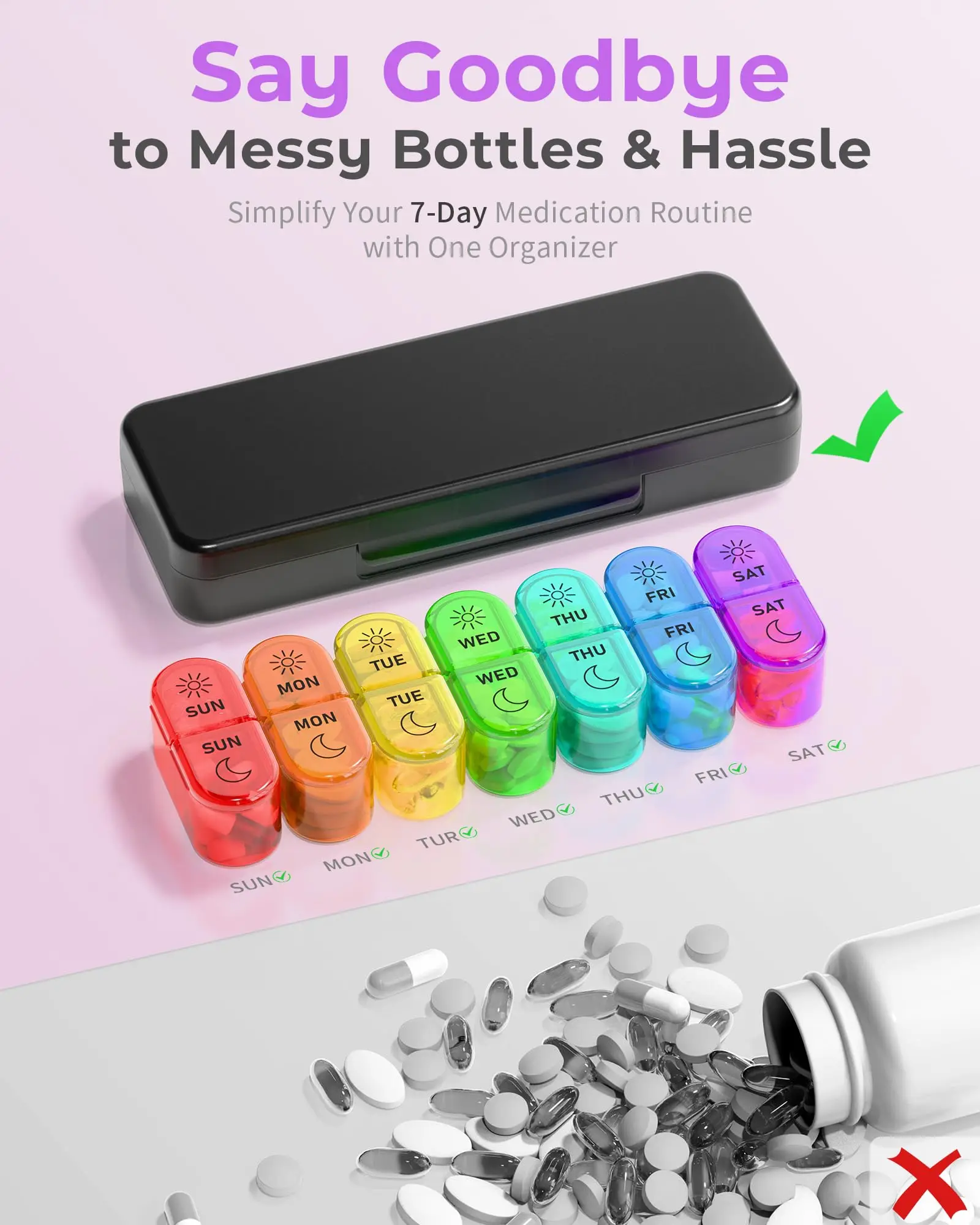 Portable Weekly AM/PM Pill Organizer for Vitamins and Medication