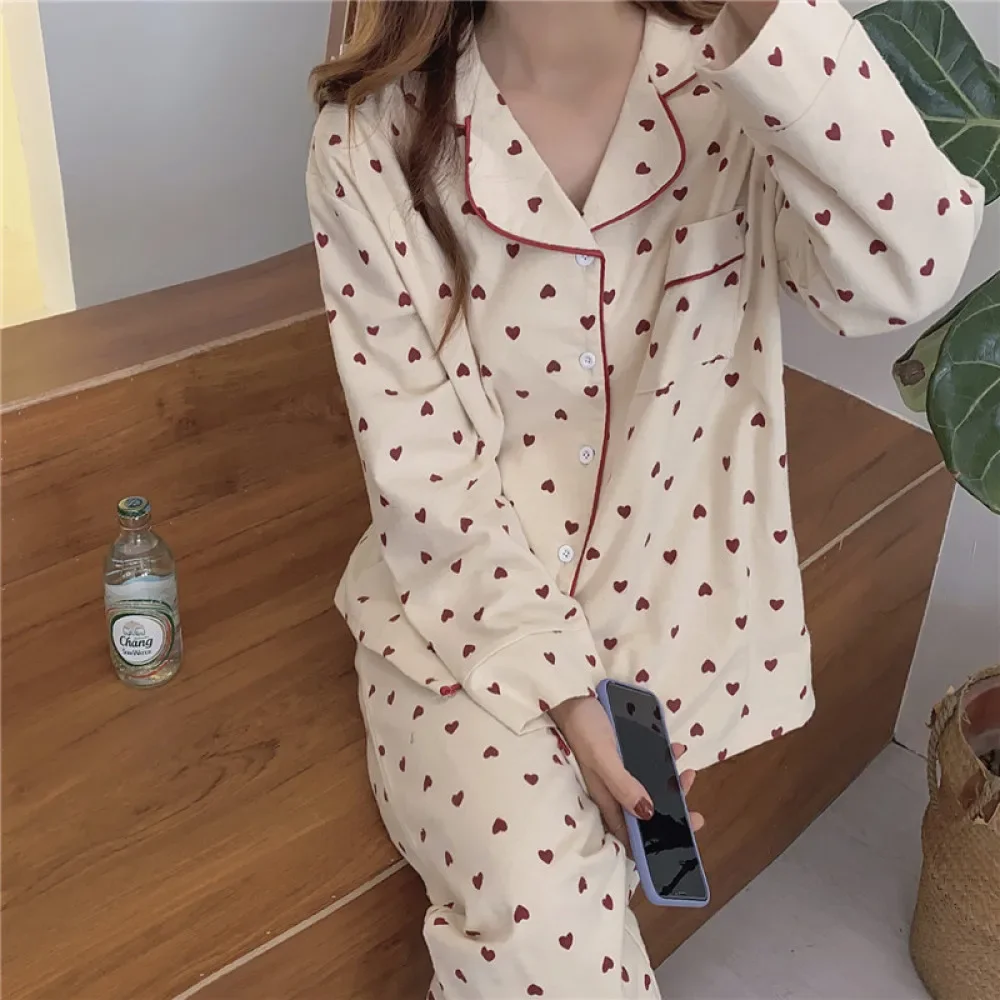 

New 100% Cotton Women's Pajamas Sets Autumn Winter Sleepwear Heart Print Knitted Pyjama Ladies Pijama Woman 2 Piece Pjs Homewear